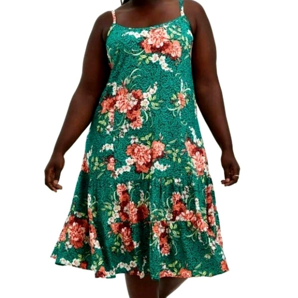 TORRID 3X Green Floral Leopard Print Midi Dress Sleeveless Tiered Ruffle Pockets